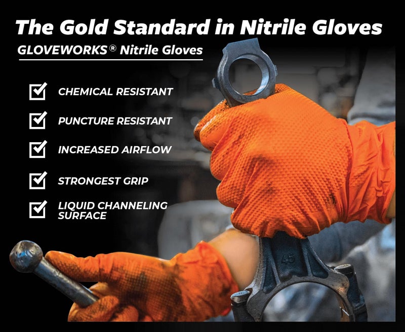 GLOVEWORKS Orange Nitrile Work Gloves 8 Mil Disposable Heavy Duty Raised Diamond Grip, Mechanic Glove, Medium, Box of 100 - Image 5
